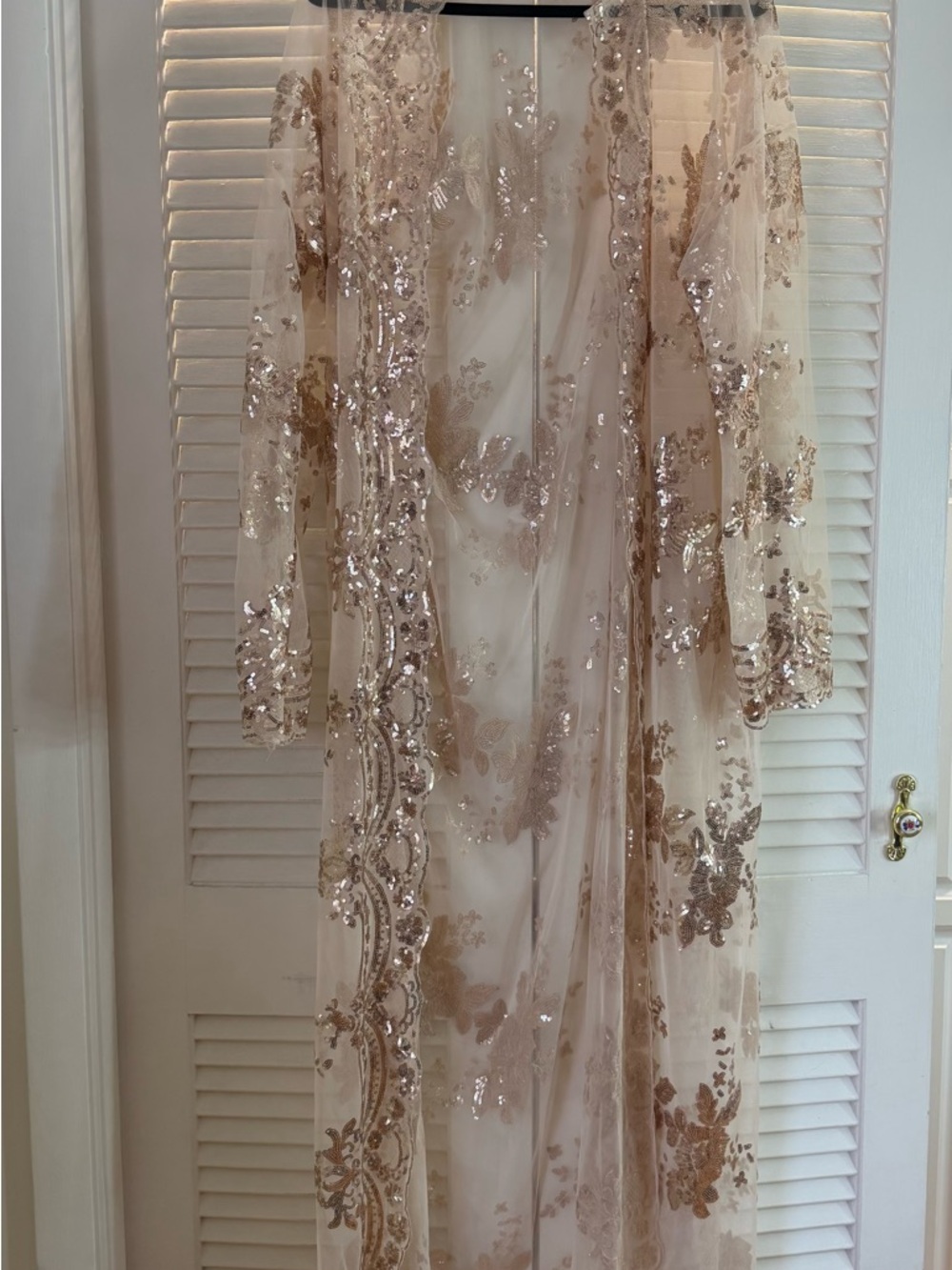 Beaded Sheer Embroidered Long Duster - Blush Gold. Kimono.